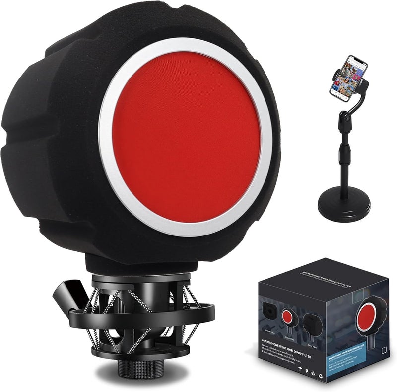 Piwerod Microphone Isolation Ball & Dual Pop Filter, Portable Foam Acoustic Noise Reduction Wind Shield with Adjustable Phone Holder for Streaming, Podcast & Vocal Recording, Compatible with Most Mics - Image 1